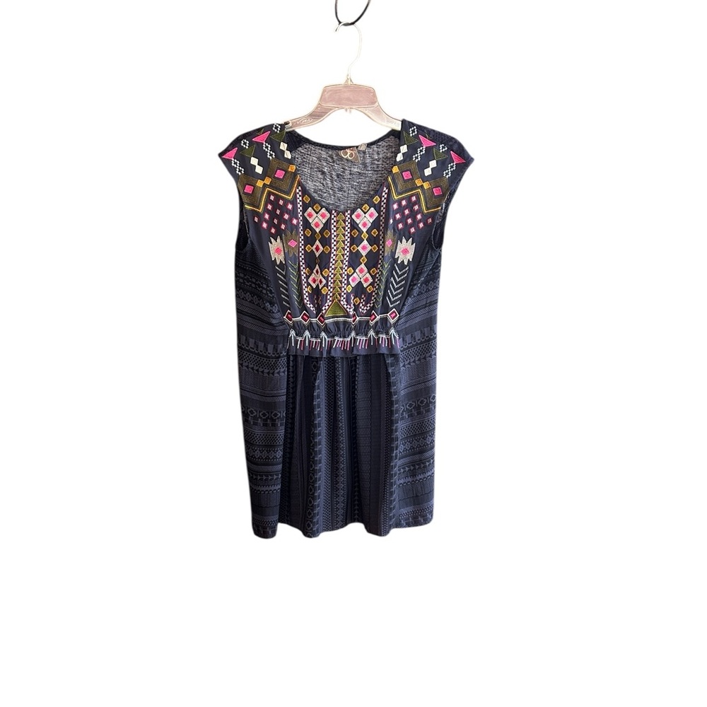 Anthropologie One September Barranco blue pink gray Aztec embroidered top Sz XS